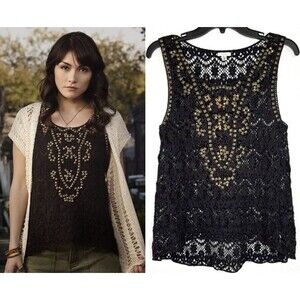Ecote Urban Outfitters Women's Black Tank Top Cami Crochet Lace Studded Boho XS